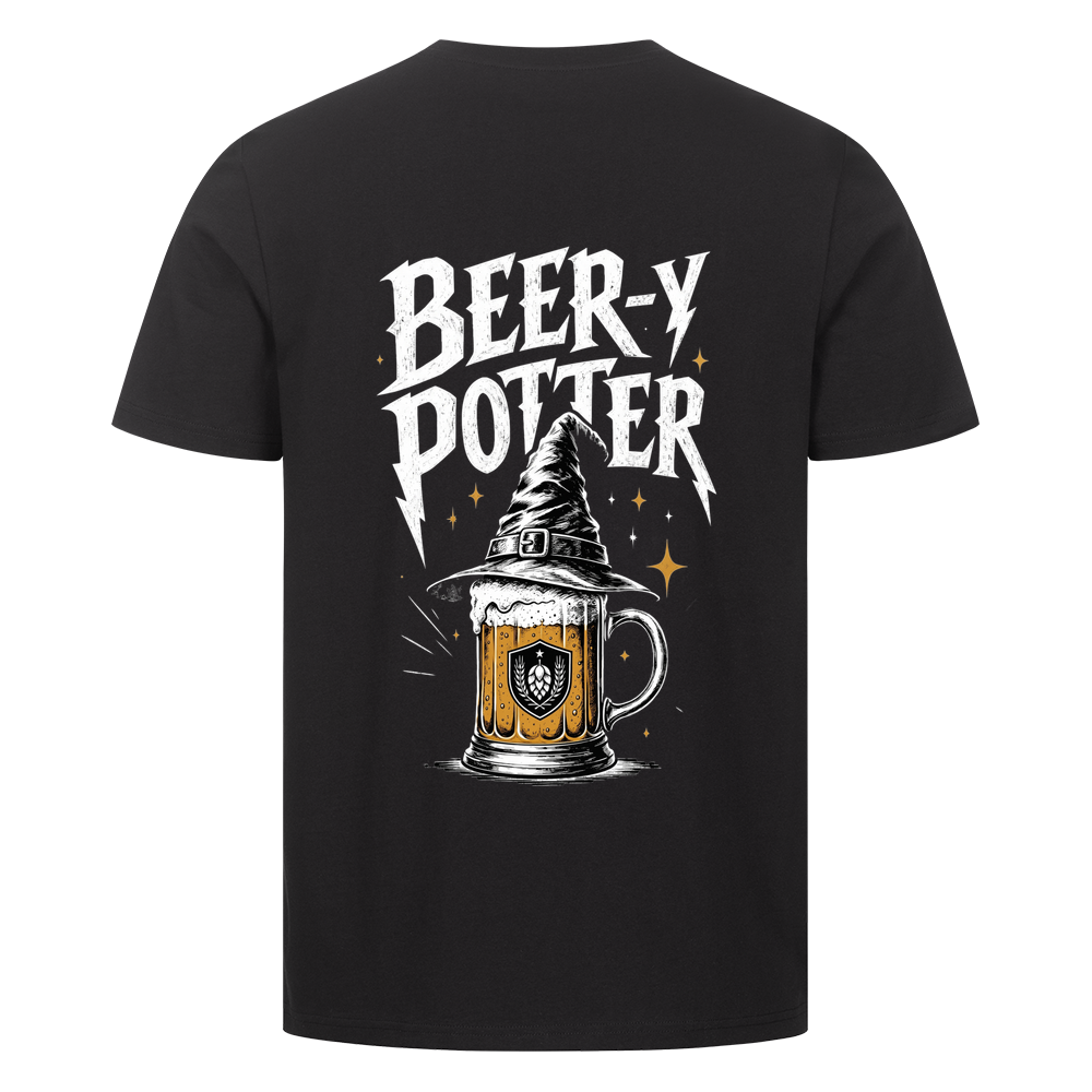 Beer-Y-Potter- Premium Streetware T-Shirt – Motivdruck in Schwarz, Nahaufnahme
