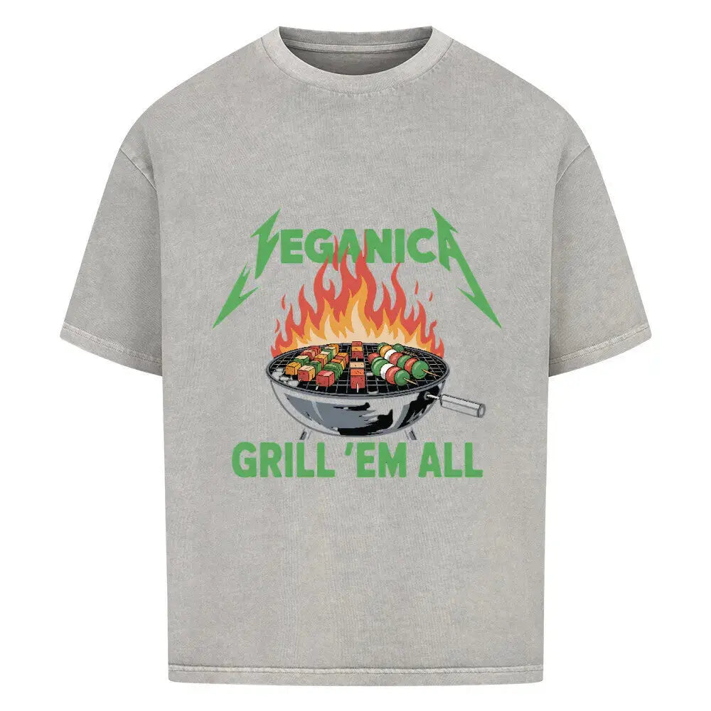 Veganica – Grill 'Em All Oversized Shirt | Heavy Cotton | Metal & BBQ Parodie – Motivdruck in Washed Grey