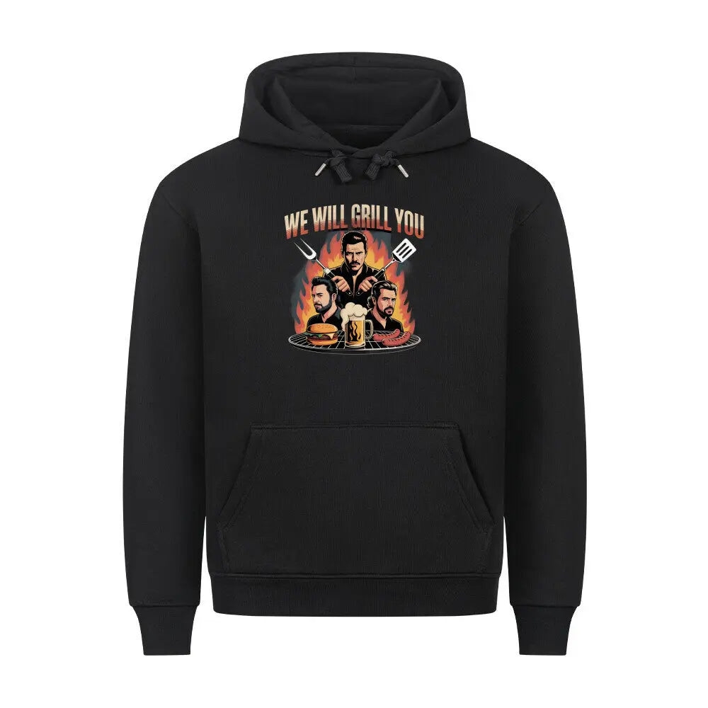 We Will Grill You – Premium BBQ Rockhoodie für echte Grillhelden – Motivdruck in Schwarz