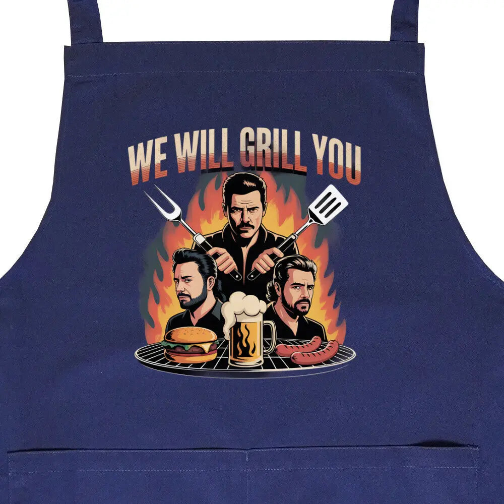 We Will Grill You – Grillschürze für echte Grillrocker – Motivdruck in Navy, Nahaufnahme