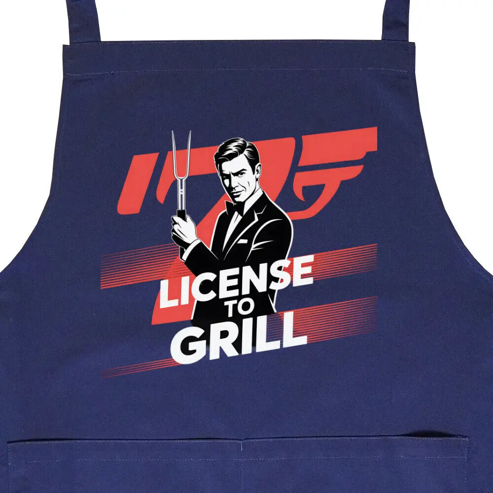 License to Grill – Premium Grillschürze – Motivdruck in Navy, Nahaufnahme