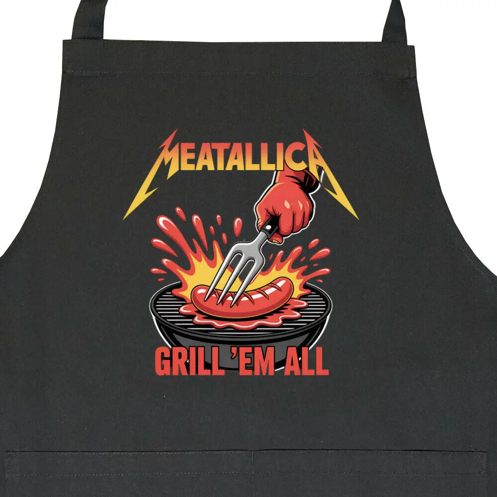 Grill ’Em All – Grillschürze – Motivdruck in Schwarz, Nahaufnahme