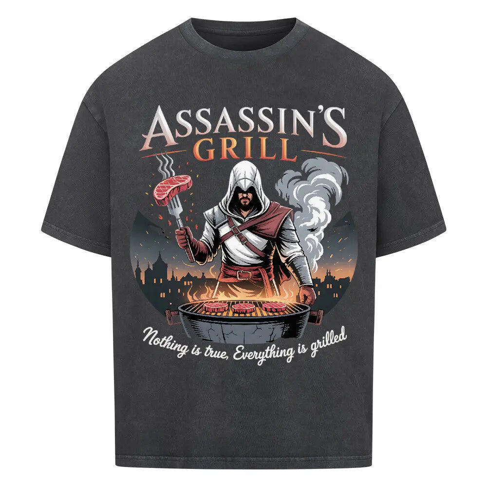 Assassin’s Grill – Oversized Shirt für wahre Schatten-Griller – Motivdruck in Washed Black