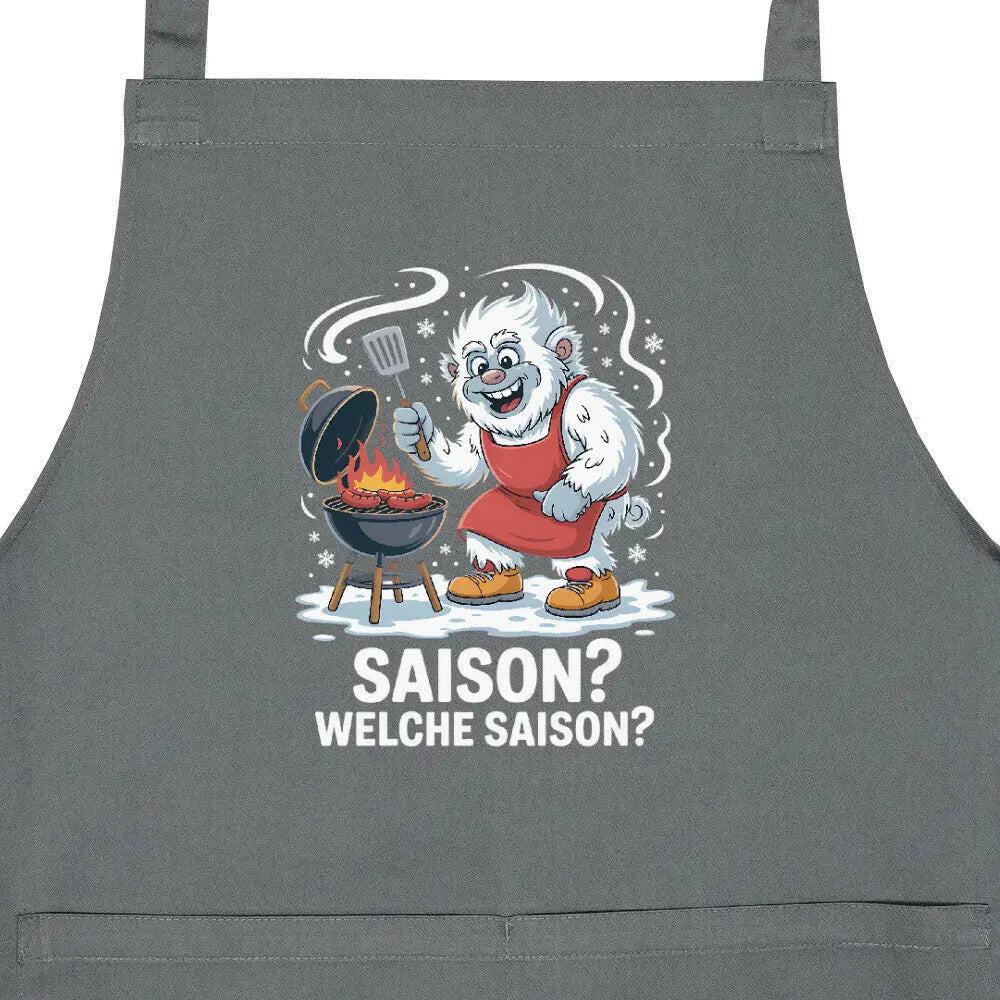 Saison? Welche Saison? – Grillschürze für Ganzjahres-Griller – Motivdruck in Anthrazit, Nahaufnahme