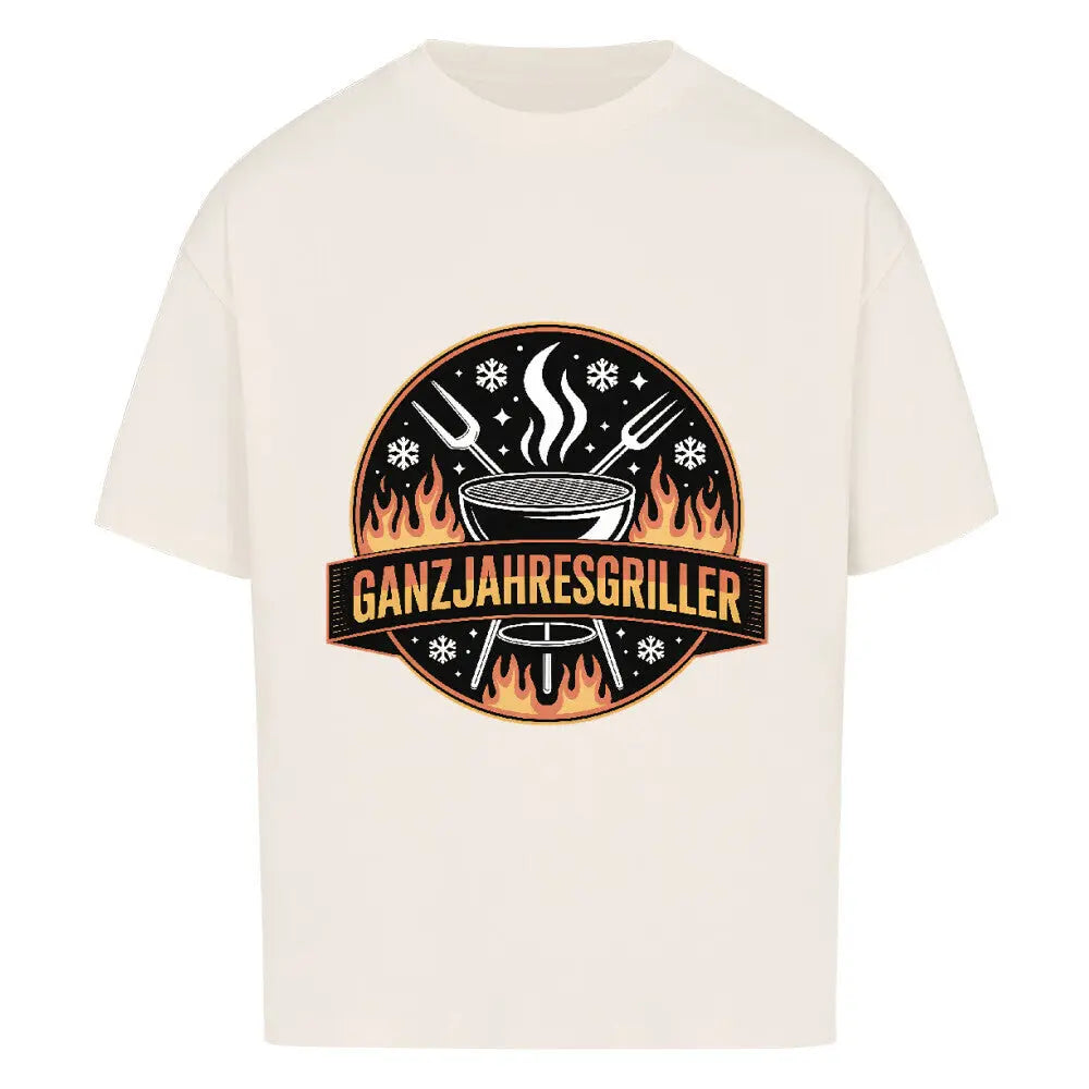 Ganzjahresgriller – Feuer & Schnee Emblem – Oversized Shirt – Motivdruck in Natural Raw