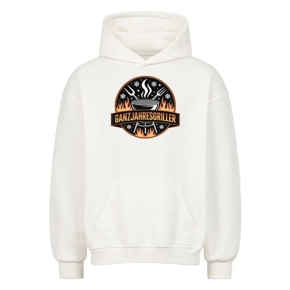 Ganzjahresgriller – Feuer & Schnee Emblem – Oversized Hoodie – Motivdruck in Weiß