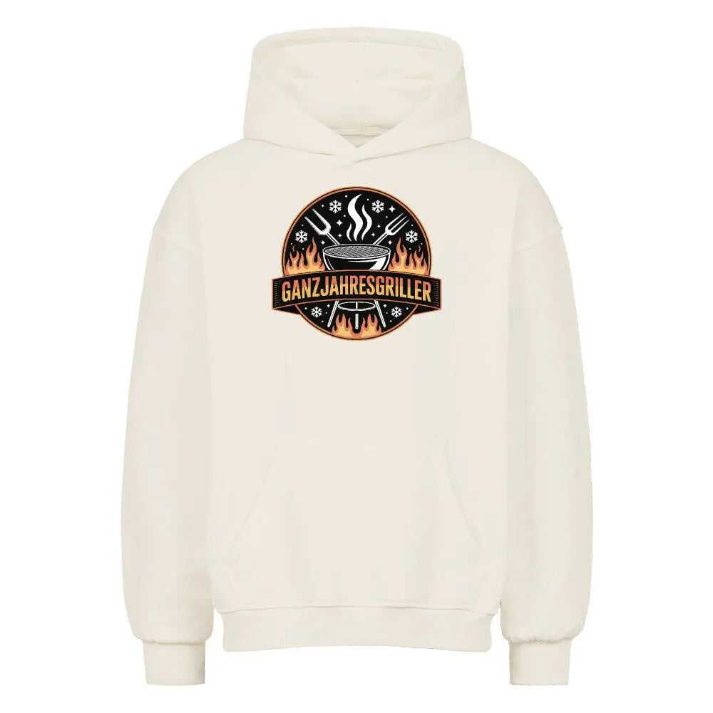 Ganzjahresgriller – Feuer & Schnee Emblem – Oversized Hoodie – Motivdruck in Natural Raw