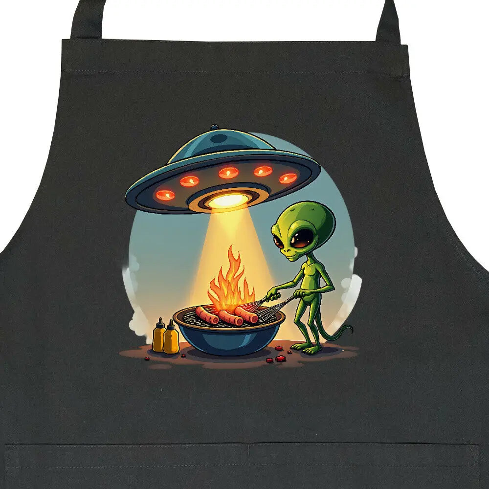 Alien BBQ – Intergalactic Grill Session – Grillschürze – Motivdruck in Schwarz, Nahaufnahme
