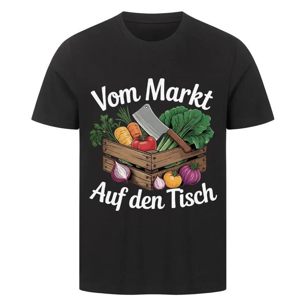 Vom Markt auf den Tisch – Premium T-Shirt (Farm-to-Table Kochdesign) – Motivdruck in Schwarz