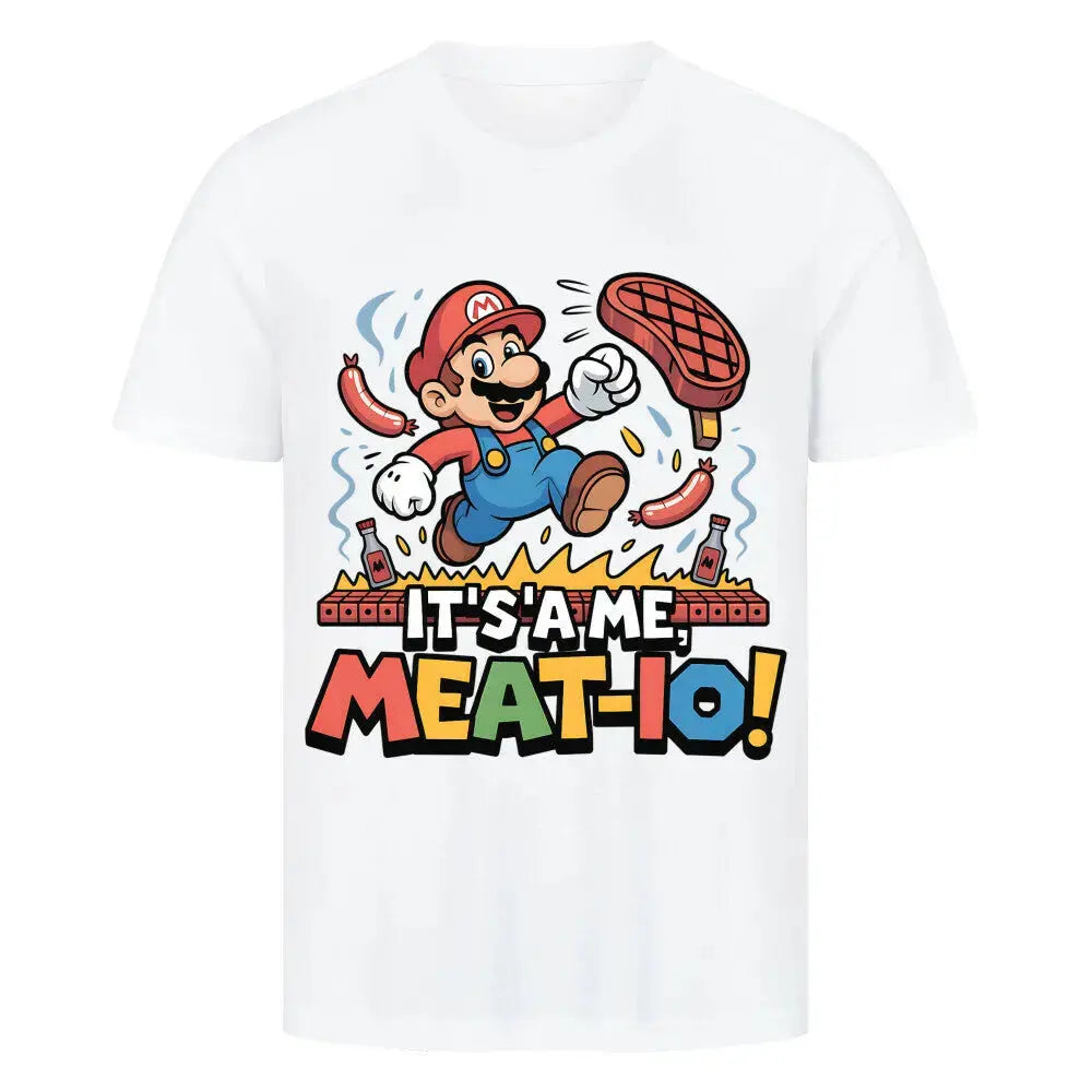 Meat-io Fleisch-Klempner T-Shirt – Retro Gamer BBQ Mashup | Meatware® – Motivdruck in Weiß