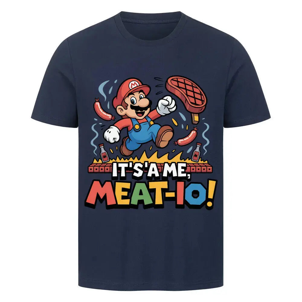 Meat-io Fleisch-Klempner T-Shirt – Retro Gamer BBQ Mashup | Meatware® – Motivdruck in French Navy