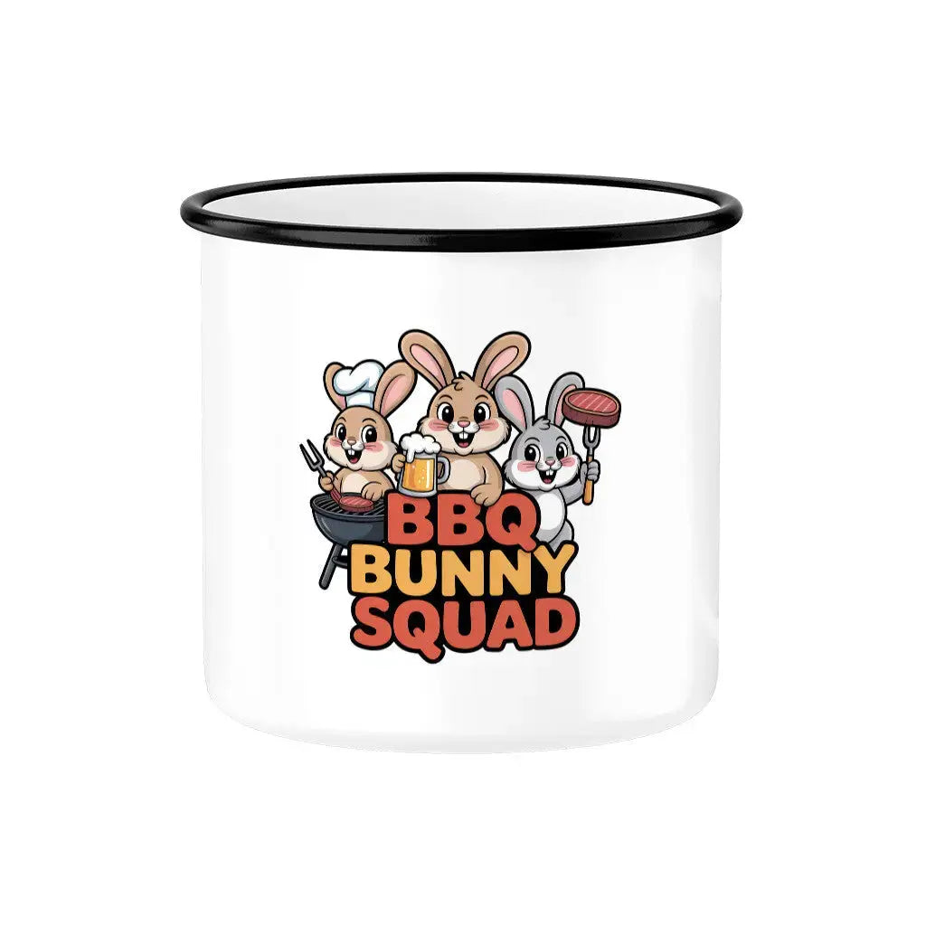 BBQ Bunny Squad Emaille Tasse – Robuster Outdoor Becher | Meatware® – Motivdruck in Schwarz