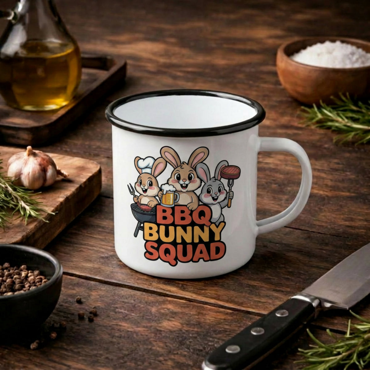 BBQ Bunny Squad Emaille Tasse – Robuster Outdoor Becher | Meatware® – Meatware Produktfoto
