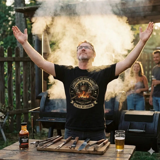 Nahaufnahme des 'Religion'-Shirts am User vor rauchendem Smoker.