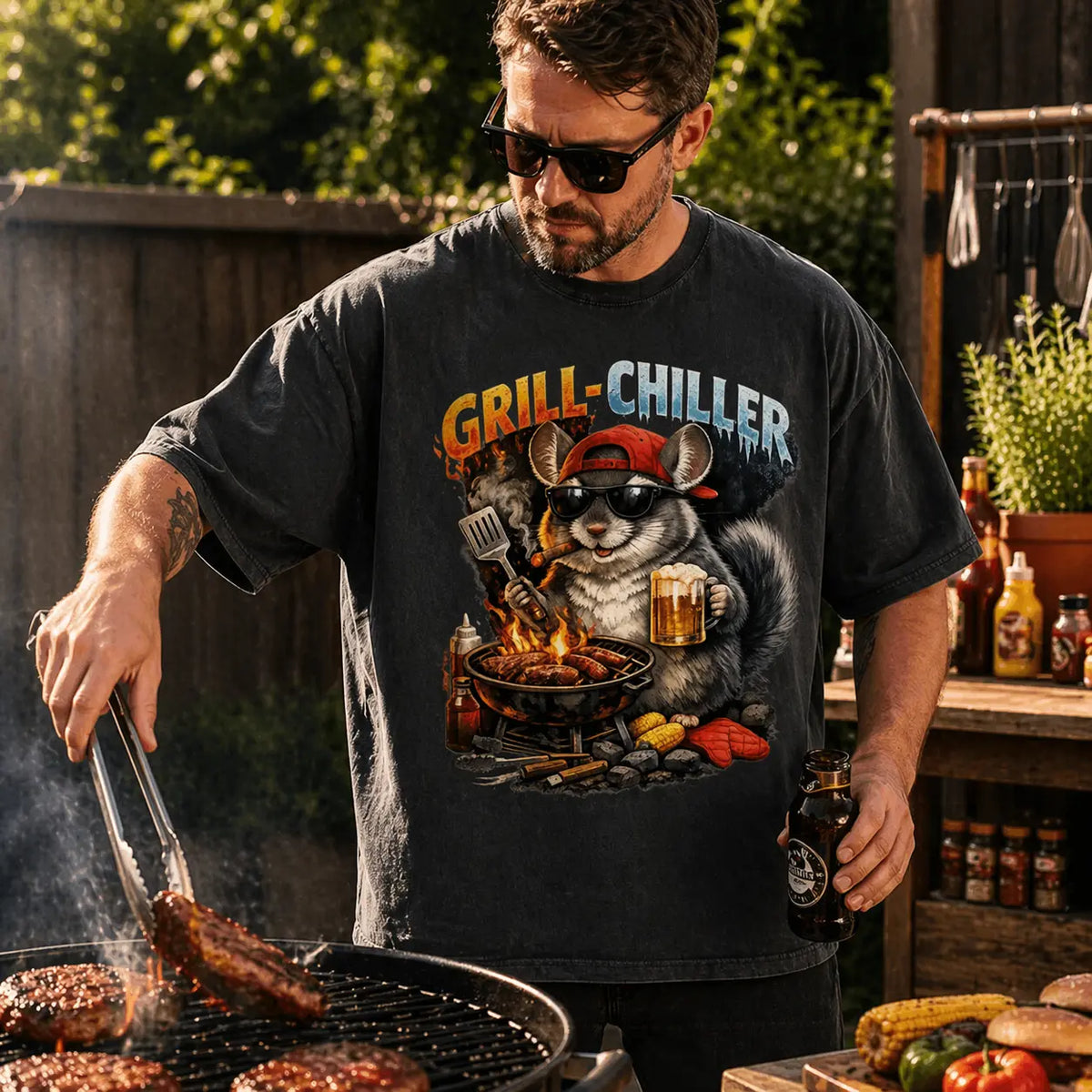 Oversized schwarzes Grill Chiller T-Shirt für Herren beim Grillen im Garten, Mann wendet Steak mit Zange am BBQ Grill und hält Bier, lässige Sommer Grill Szene mit humorvollem Meatware Motiv