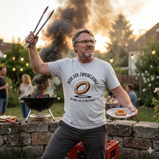 Authentisches Foto: Klaus (User) auf Bierkasten am Grill im T-Shirt "Herr der Zwiebelringe", Rauch wie Schicksalsberg.