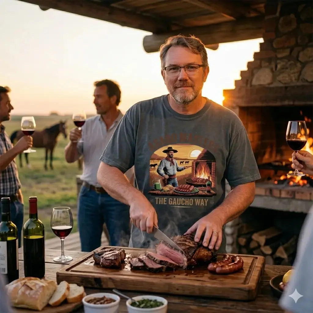 Lässiger Typ im Meatware Asado Masters Oversized Shirt (240 GSM) vor einem lodernden Feuerkorb im Industrial-Setting