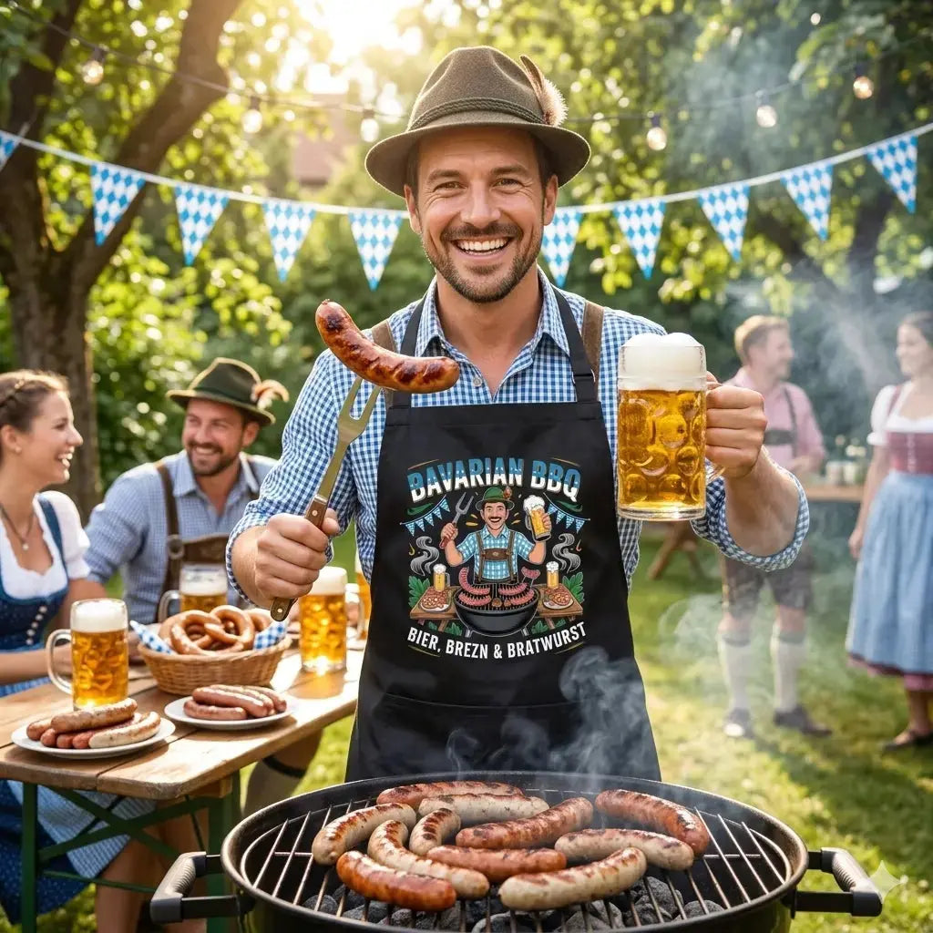 Grillmeister in der Meatware Bavarian BBQ Schürze lacht mit Bierkrug und Grillgabel im Garten
