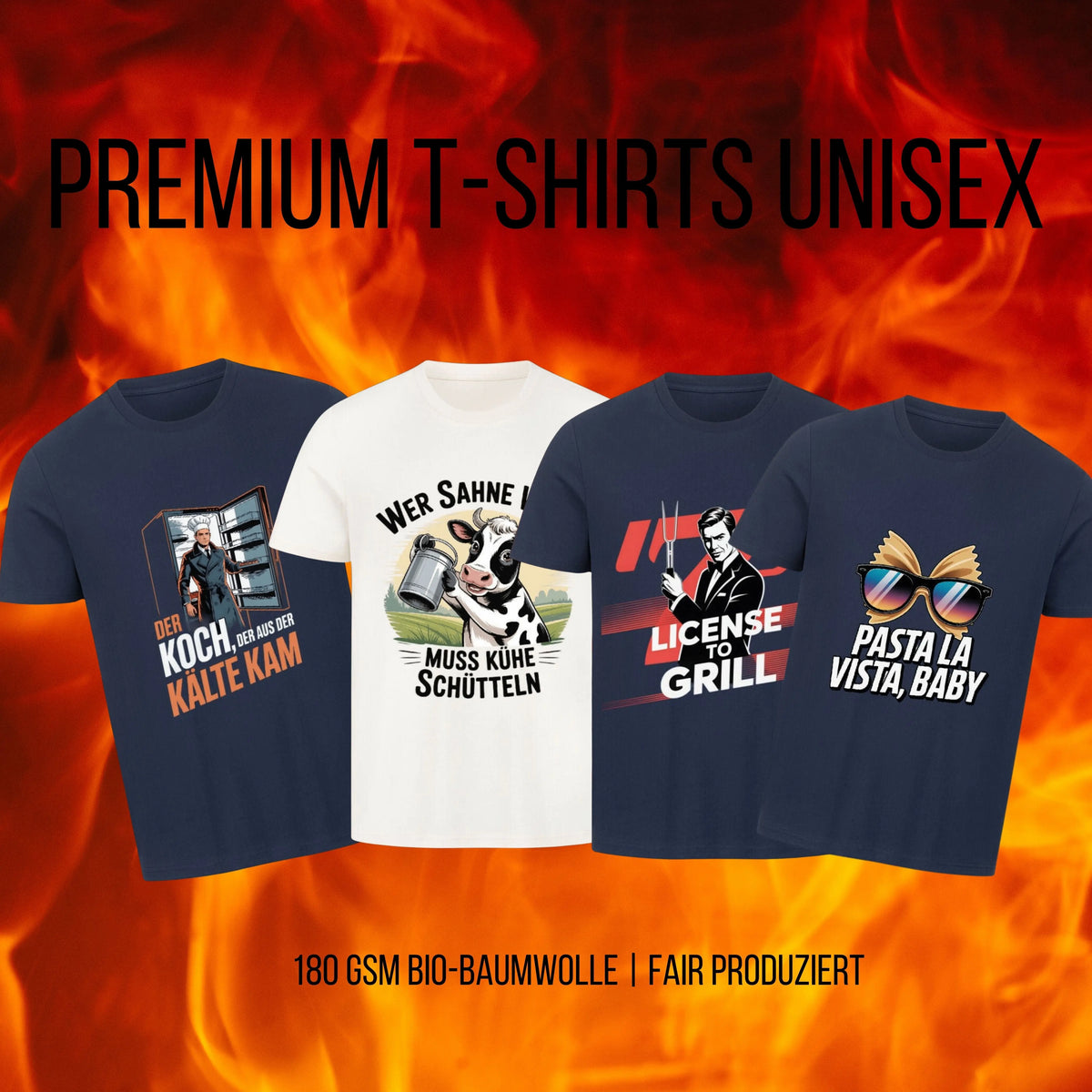 Vier Premium Unisex T-Shirts mit Meatware-Designs vor flammendem Hintergrund und dem Titel ‚Premium T-Shirts Unisex‘