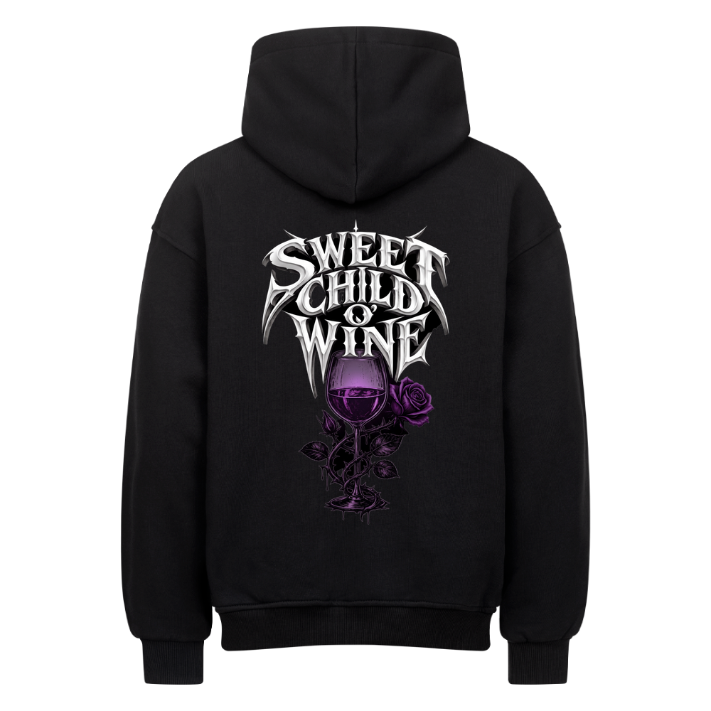 Sweet Child O' Wine -  Oversized Streetware Hoodie – Motivdruck in Schwarz, Nahaufnahme