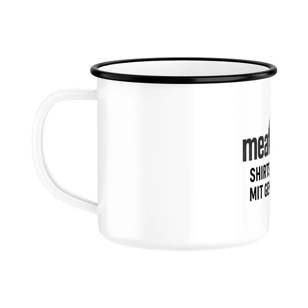 meatWARE Logo – Emaille Tasse – Motivdruck in Schwarz, weitere Ansicht