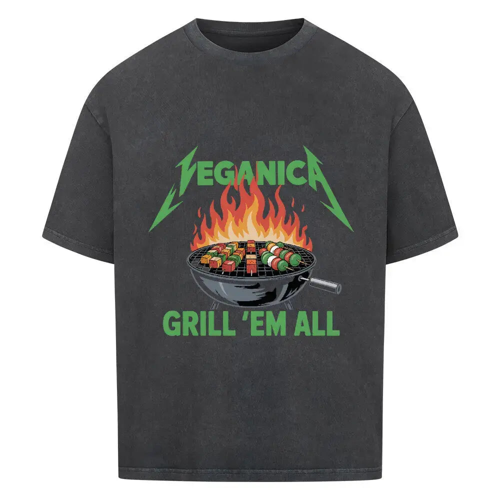 Veganica – Grill 'Em All Oversized Shirt | Heavy Cotton | Metal & BBQ Parodie – Motivdruck in Washed Black