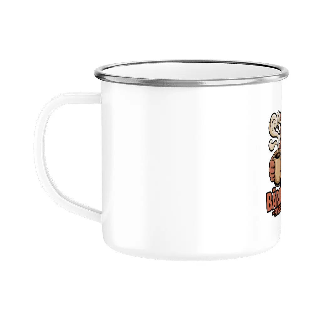 BÄRENSTARK – Powered by Kaffee | Emaille Tasse 300 ml – Motivdruck in Silber, weitere Ansicht