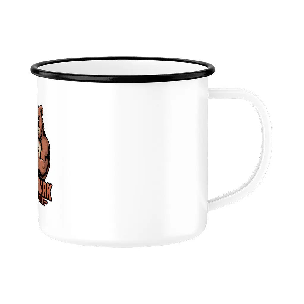 BÄRENSTARK – Powered by Kaffee | Emaille Tasse 300 ml – Motivdruck in Schwarz, Nahaufnahme
