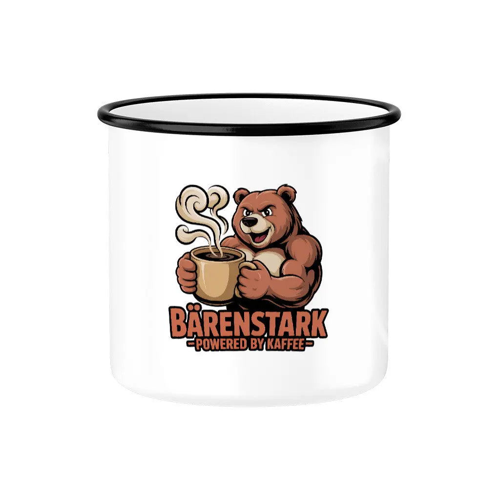 BÄRENSTARK – Powered by Kaffee | Emaille Tasse 300 ml – Motivdruck in Schwarz