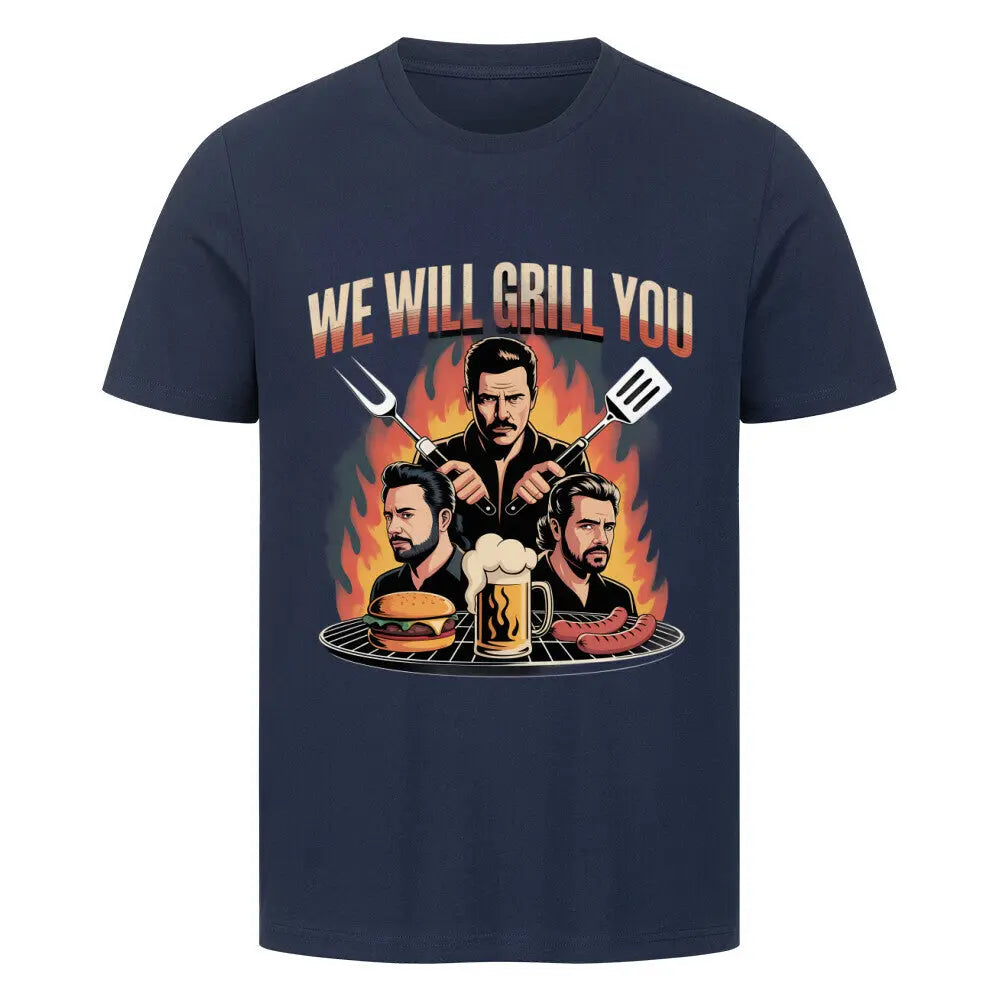 We Will Grill You – BBQ Rockshirt für echte Grillhelden – Motivdruck in French Navy