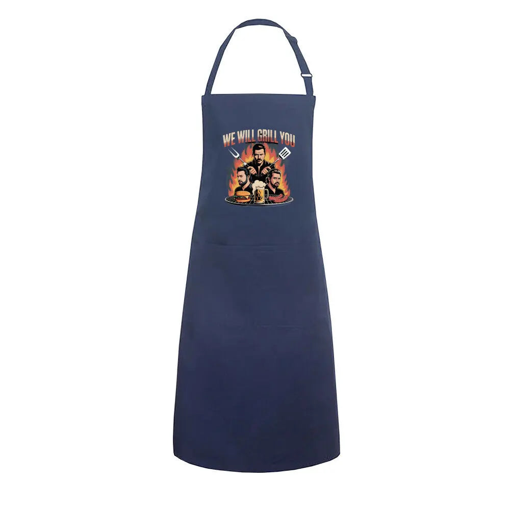 We Will Grill You – Grillschürze für echte Grillrocker – Motivdruck in Navy