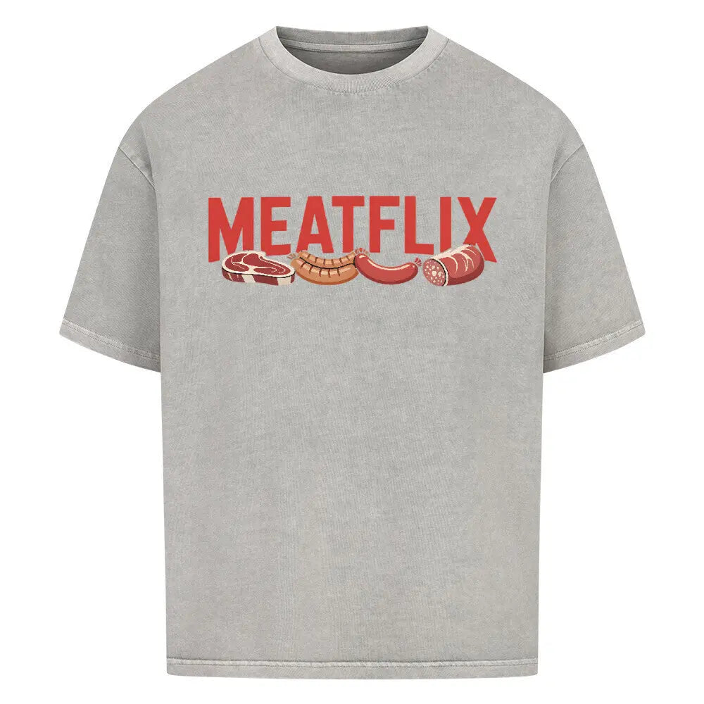 MEATFLIX – Oversized Shirt – Motivdruck in Washed Grey