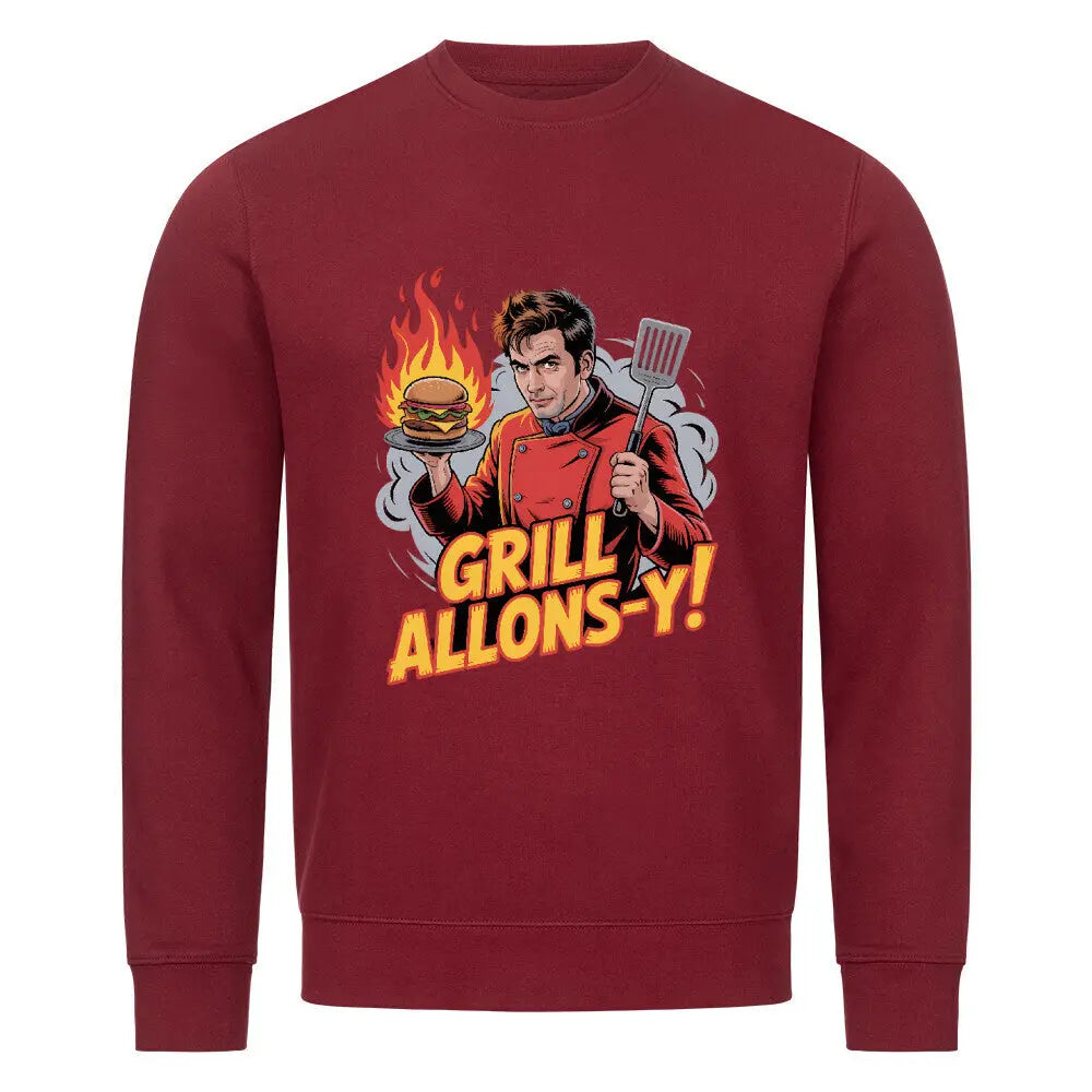 Grill Allons-y! – Premium Organic Sweatshirt für Whovians & Grillmeister – Motivdruck in Burgunder