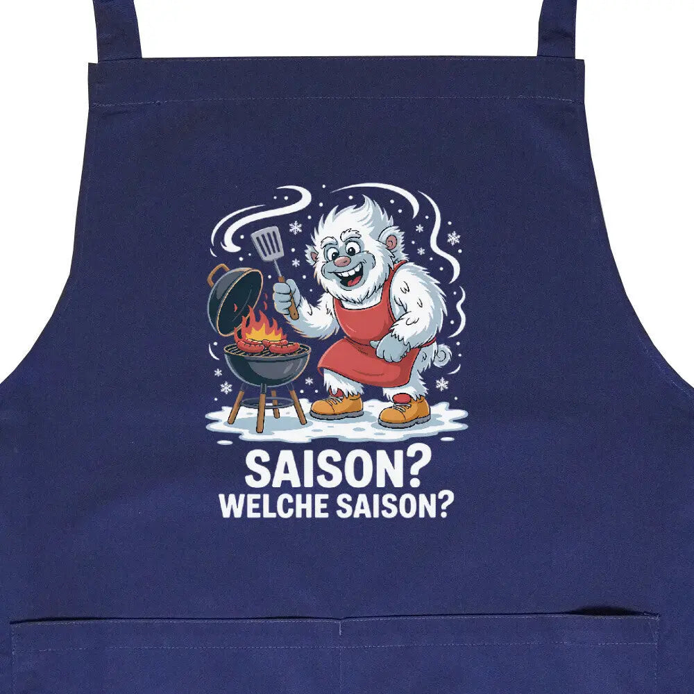 Saison? Welche Saison? – Grillschürze für Ganzjahres-Griller – Motivdruck in Navy, Nahaufnahme