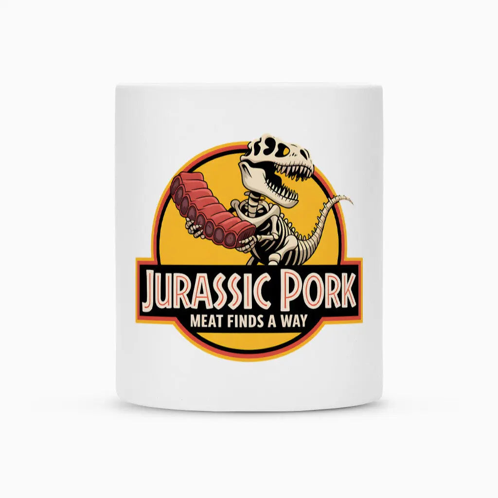 Keramik-Tasse Jurassic Pork – Lustiges Dino Wortspiel & Grill Geschenk – Motivdruck in Weiß