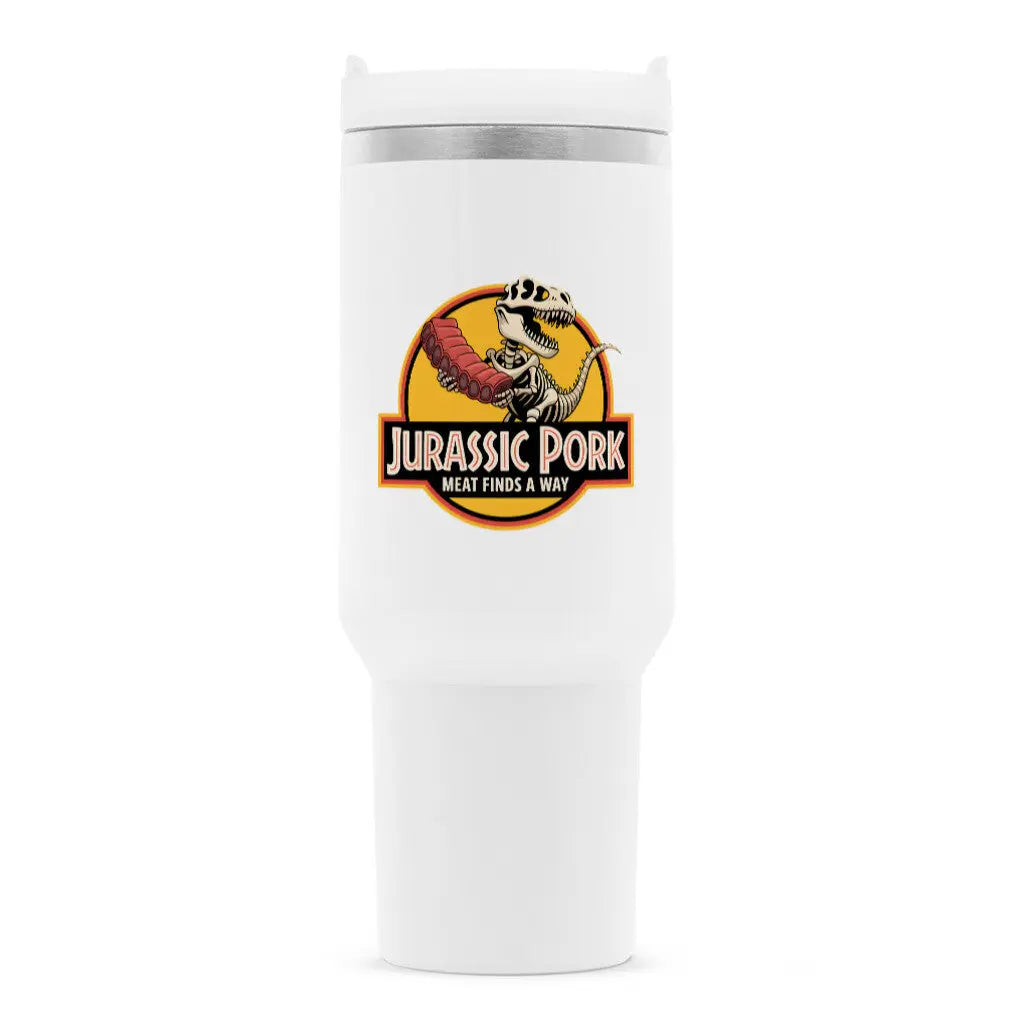 Thermobecher Jurassic Pork – Lustiges Dino Wortspiel & Grill Geschenk – Motivdruck in Weiß