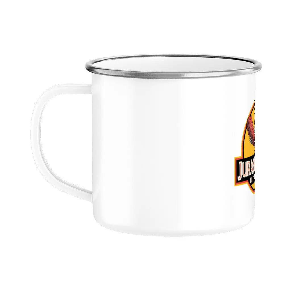 Emaille Tasse Jurassic Pork – Lustiger Camping Becher & Grill Geschenk – Motivdruck in Silber, weitere Ansicht