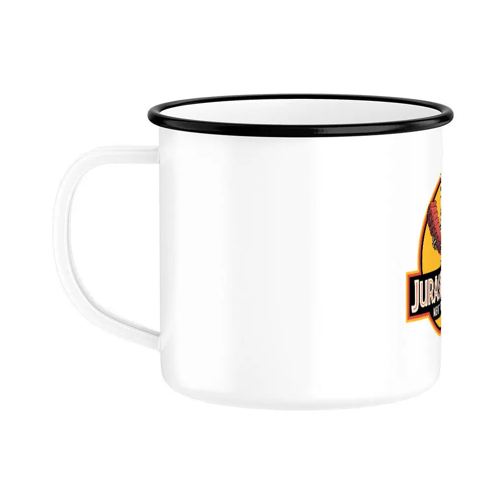 Emaille Tasse Jurassic Pork – Lustiger Camping Becher & Grill Geschenk – Motivdruck in Schwarz, weitere Ansicht
