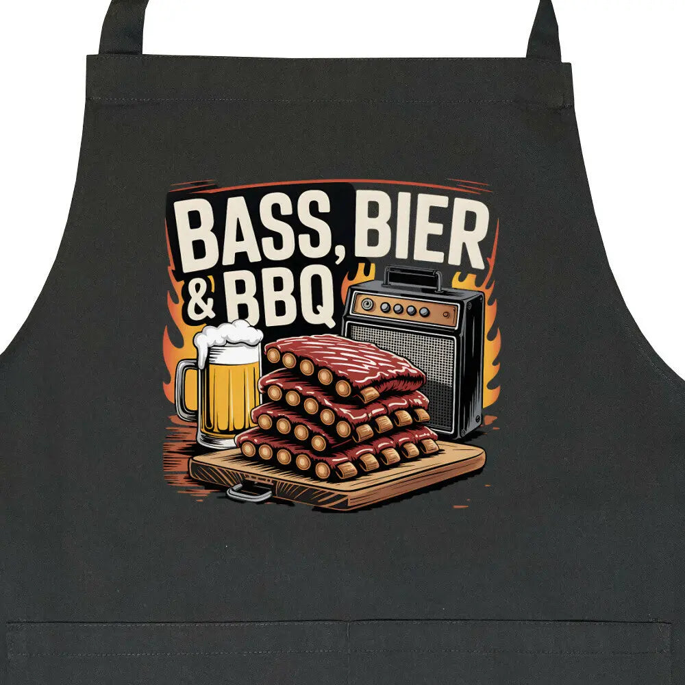 Bass, Bier & BBQ – Grillschürze – Motivdruck in Schwarz, Nahaufnahme