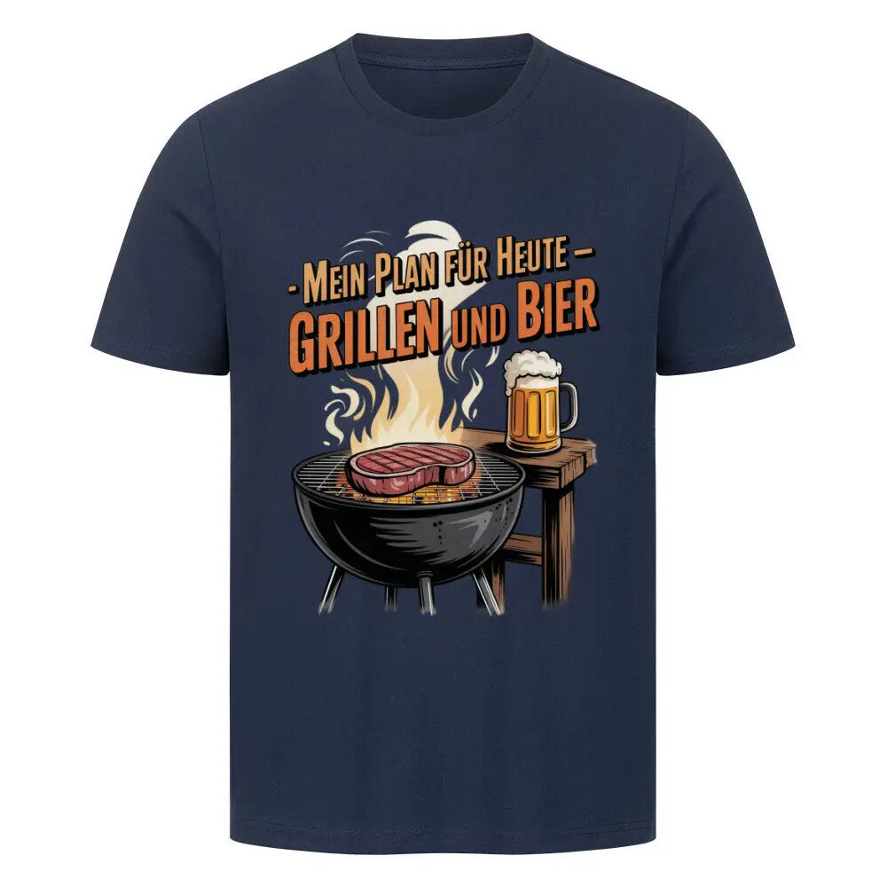 Mein Plan für Heute – Grillen und Bier – Premium T-Shirt – Motivdruck in French Navy