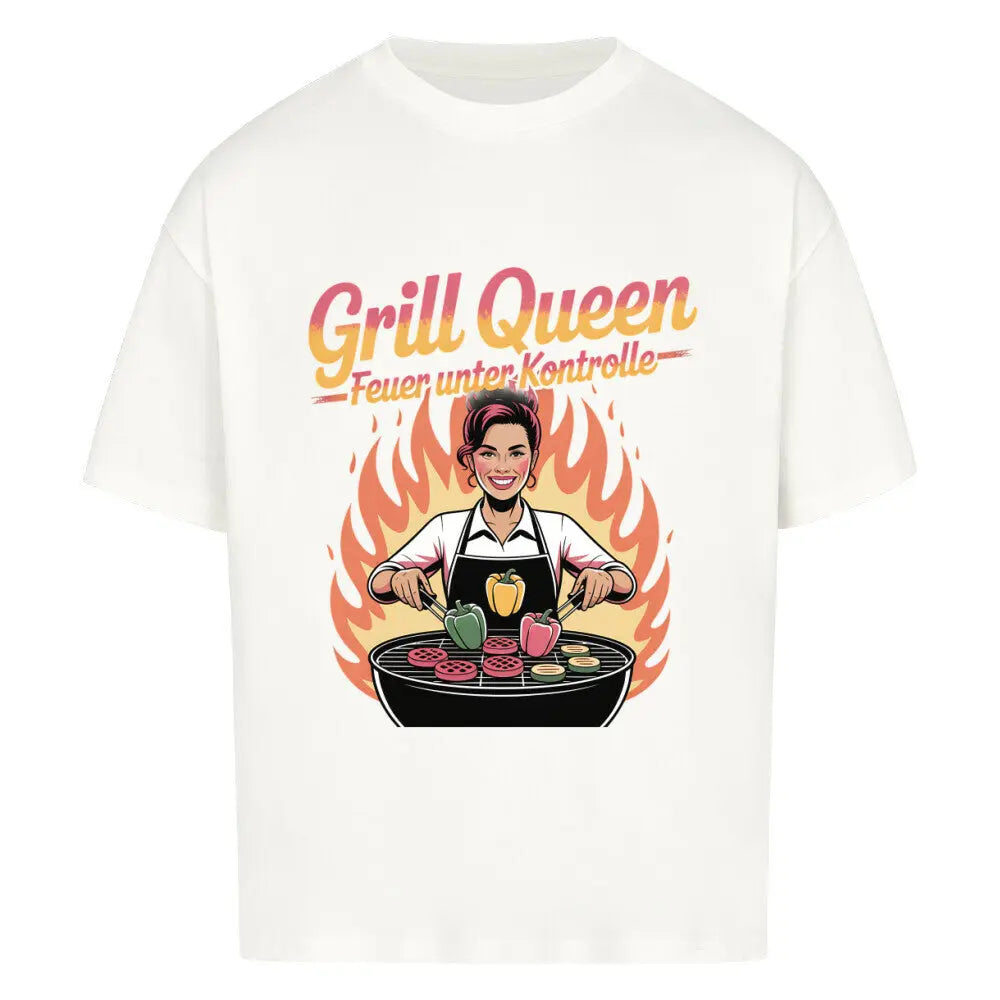 Grill Queen – Feuer unter Kontrolle – Oversized Shirt – Motivdruck in Weiß