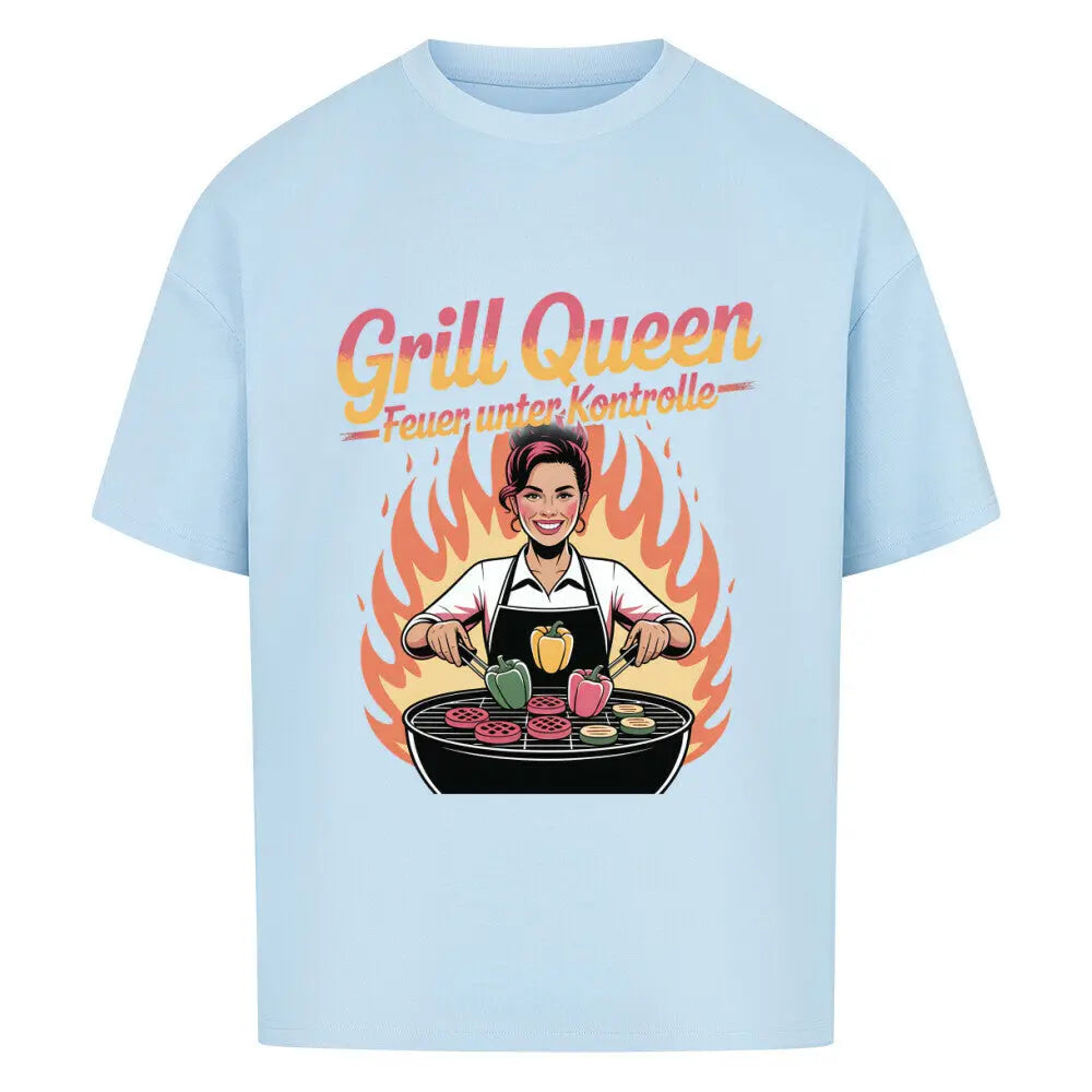 Grill Queen – Feuer unter Kontrolle – Oversized Shirt – Motivdruck in Babyblau