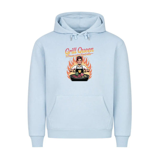 Grill Queen – Feuer unter Kontrolle – Premium Hoodie – Motivdruck in Babyblau