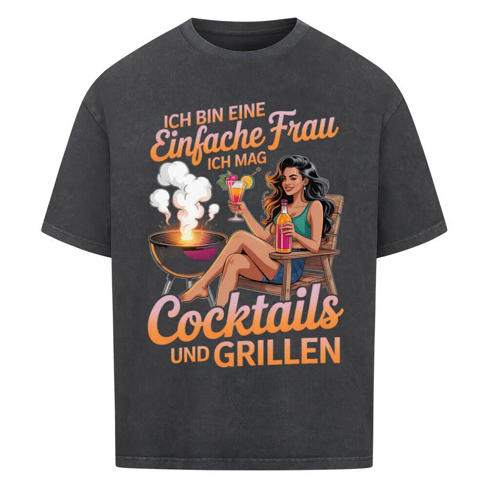 Einfache Frau – Cocktails & Grillen – Oversized Shirt – Motivdruck in Washed Black