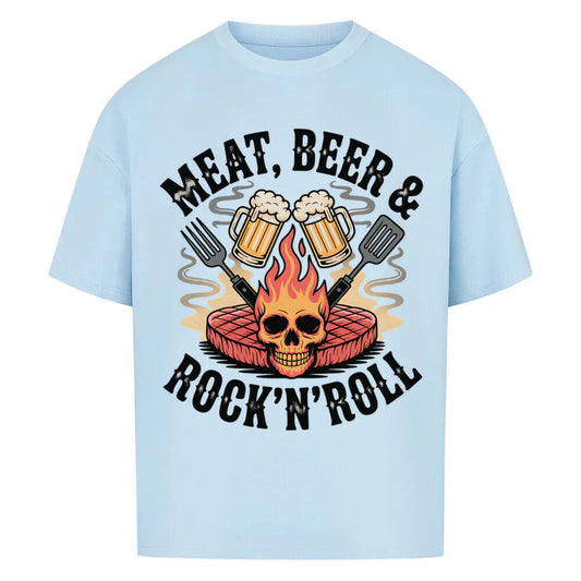 Meat, Beer & Rock ’n’ Roll – Oversized Shirt – Motivdruck in Babyblau