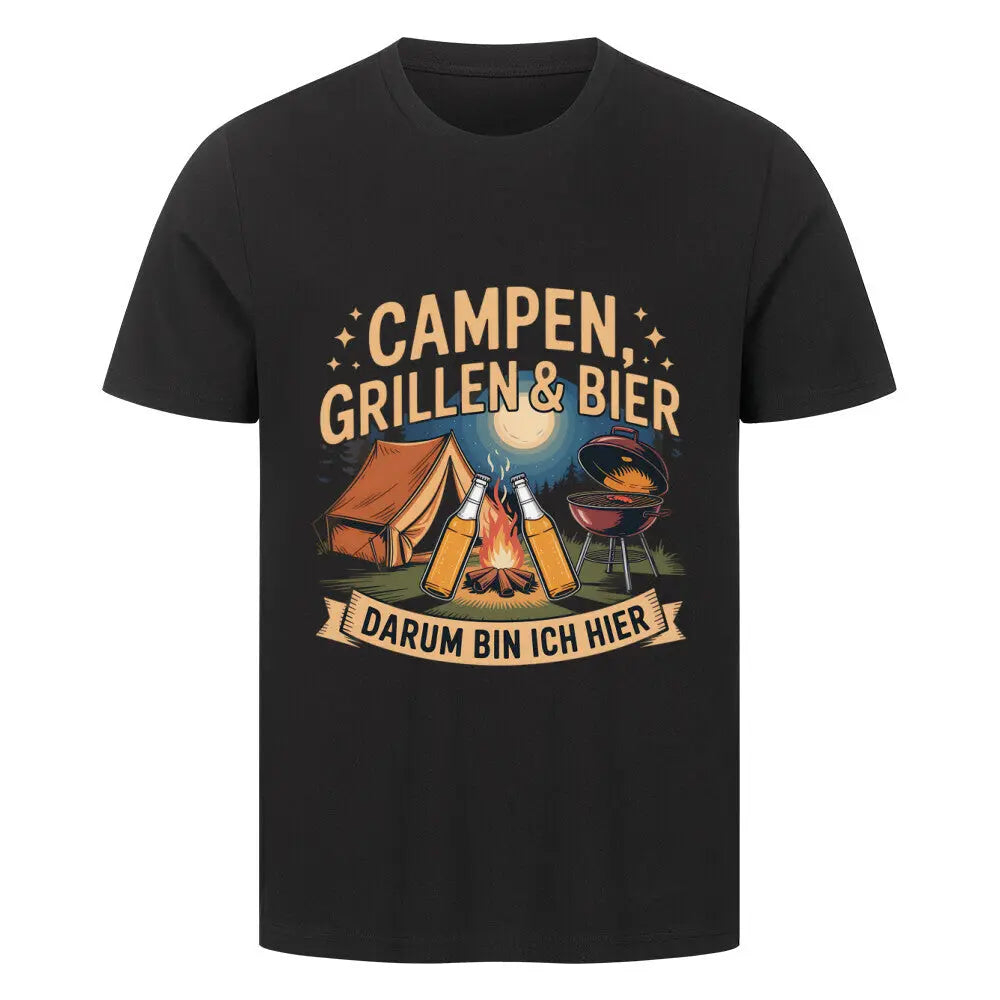 Campen, Grillen & Bier – Premium T-Shirt – Motivdruck in Schwarz