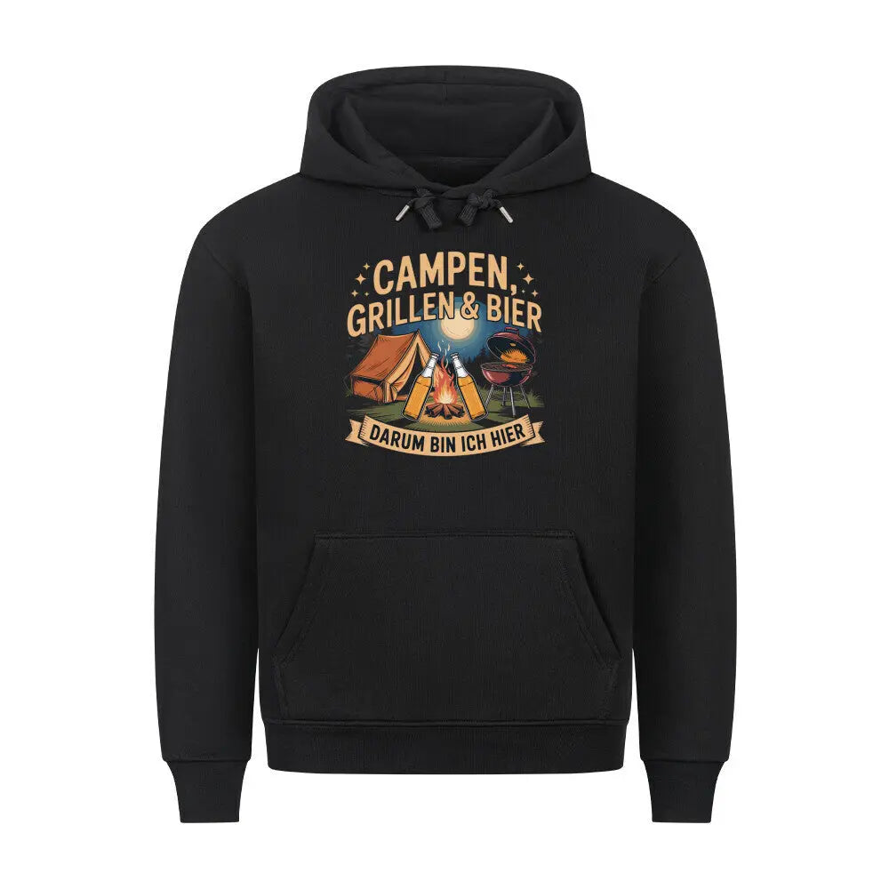 Campen, Grillen & Bier – Premium Hoodie – Motivdruck in Schwarz