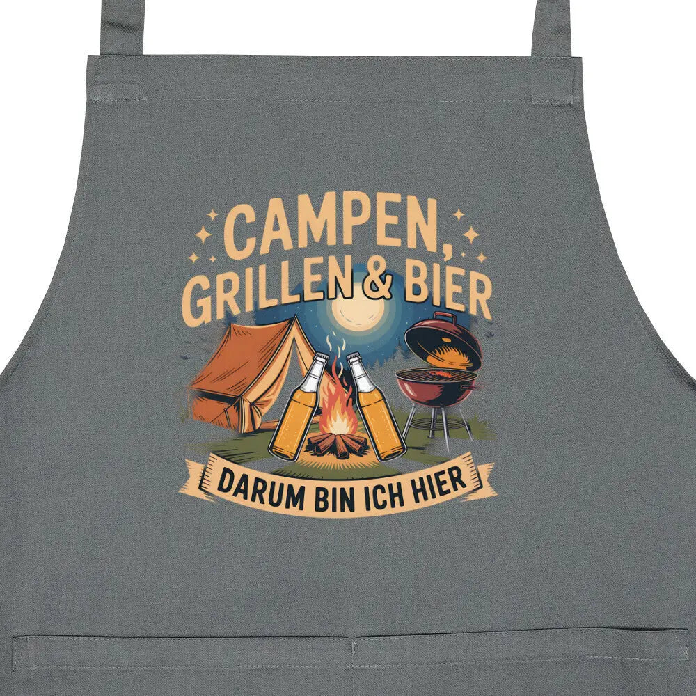 Campen, Grillen & Bier – Kochschürze – Motivdruck in Anthrazit, Nahaufnahme