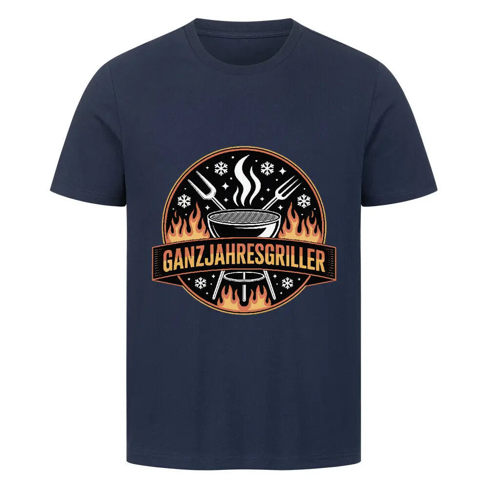 Ganzjahresgriller – Feuer & Schnee Emblem – Premium T-Shirt – Motivdruck in French Navy