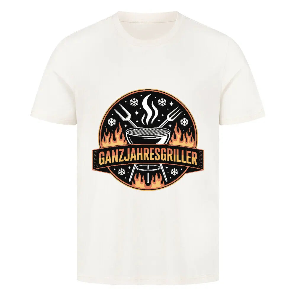 Ganzjahresgriller – Feuer & Schnee Emblem – Premium T-Shirt – Motivdruck in Natural Raw